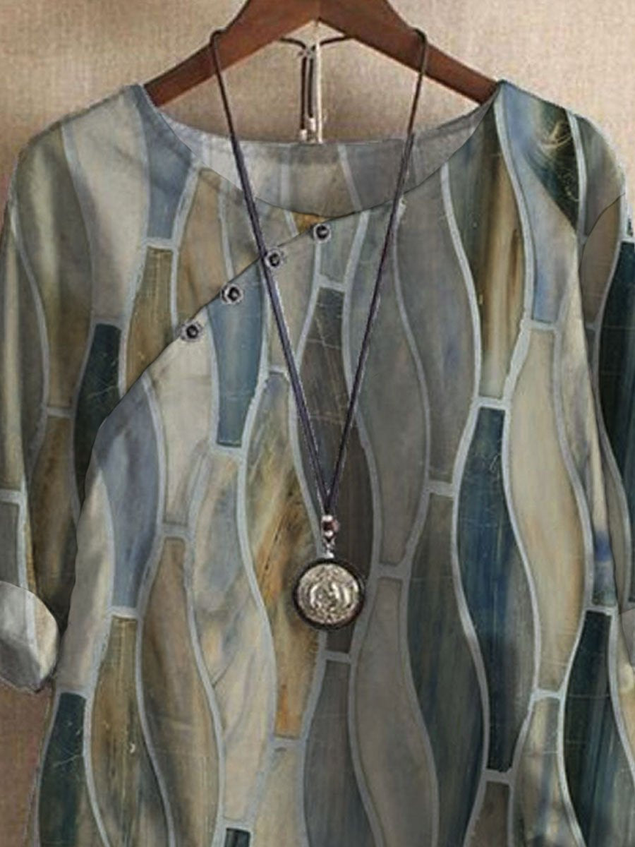 Vintage Geometric Print Loose Short Sleeve Casual Blouse Set