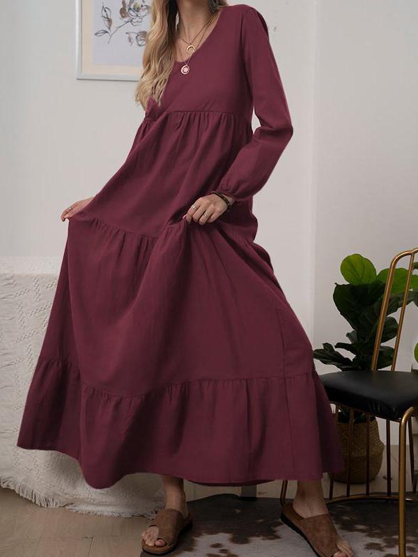Women's Dresses Solid V-Neck Long Sleeve Maxi Dress