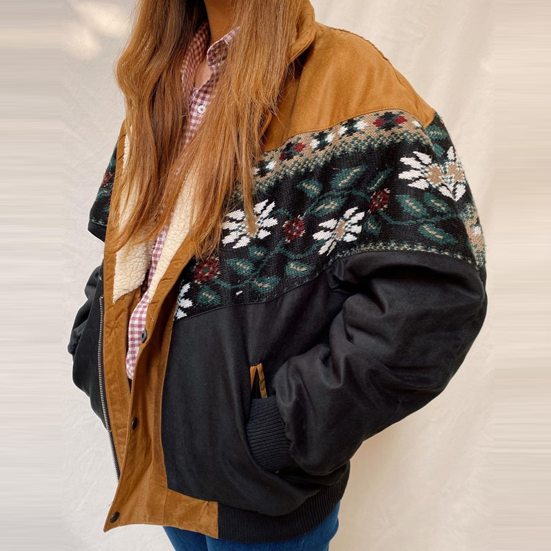 Women Retro Graphic Suded Bomber Jacket