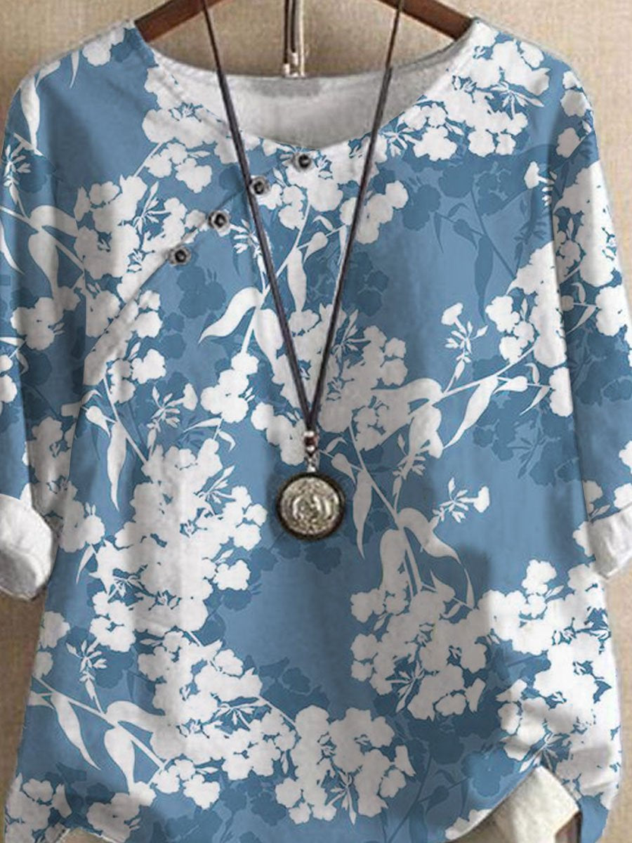 Vintage Blue Floral Print Crew Neck Short Sleeve Blouse Set