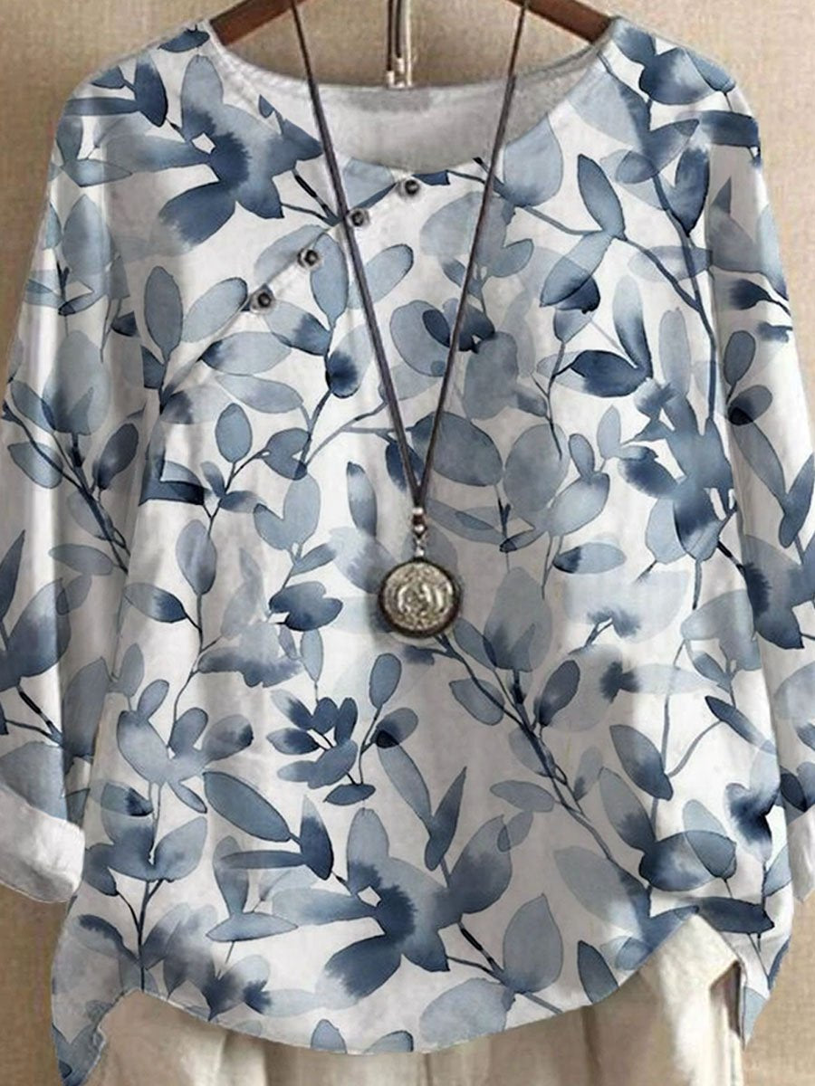 Round Neck Leaf Print Loose Long Sleeve casual blouse Set