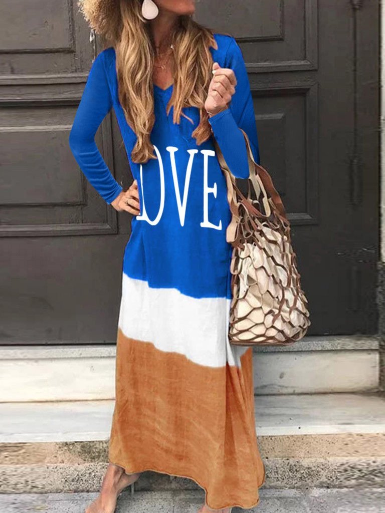 Women's Dresses Contrast Stitching Letters Long Sleeve Dress