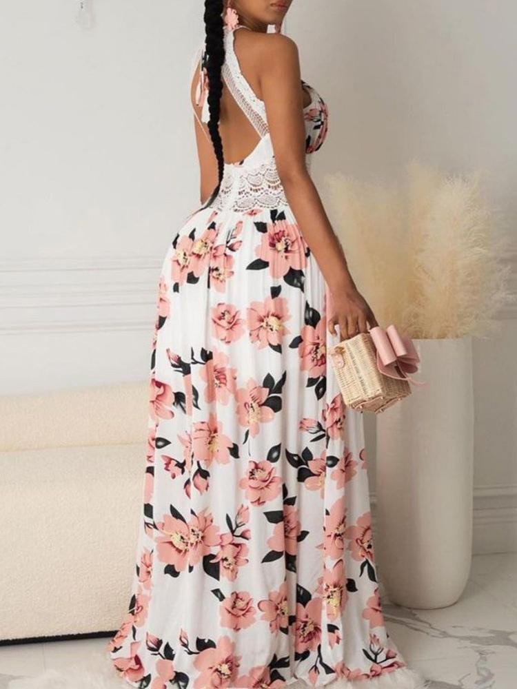 Halter Floral Print Crisscross Backless Maxi Dress