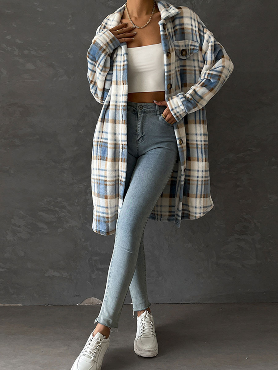 Plaid Long Sleeve Mid Length Casual Lapel Jacket