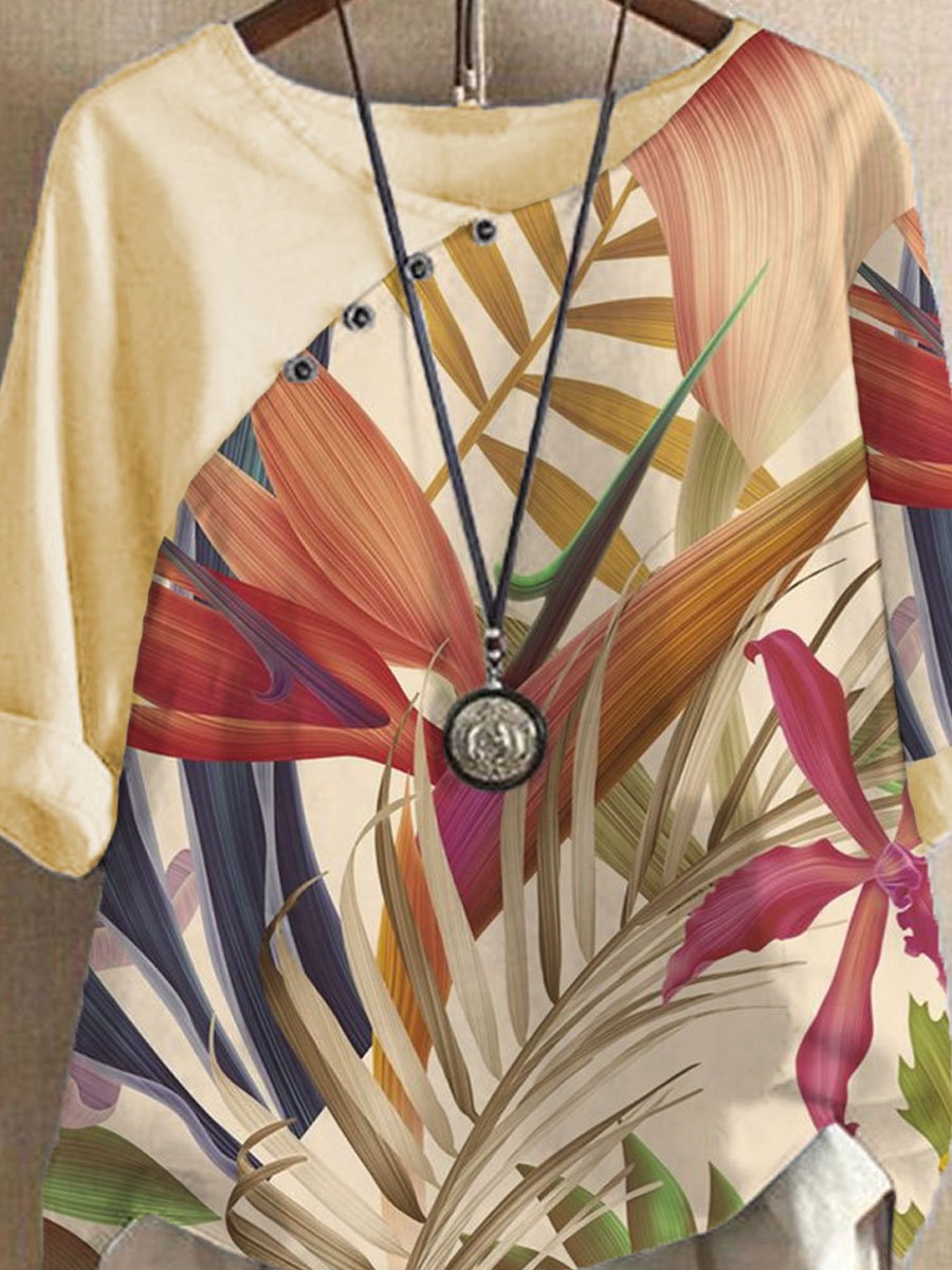 Crew Neck Botanical Print Loose Short Sleeve Blouse Set