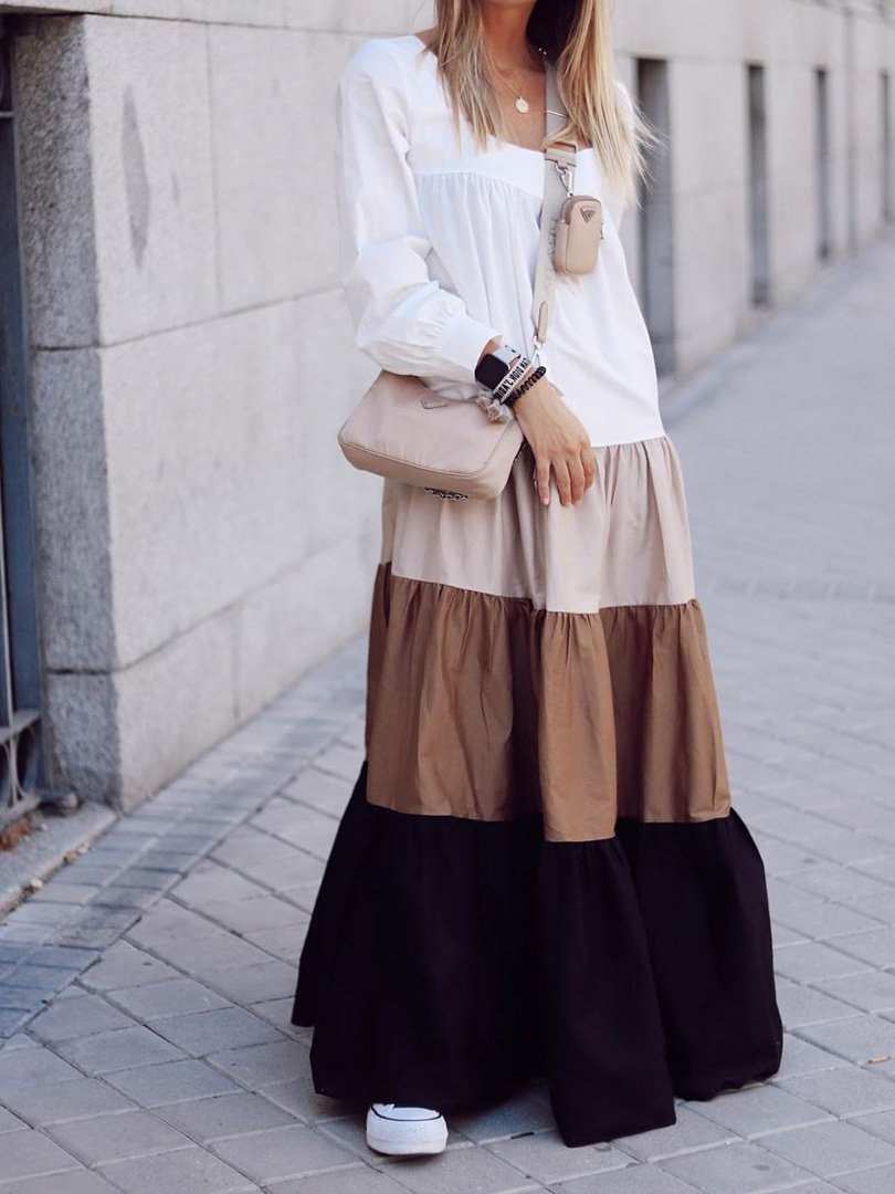 Women's Dresses Colorblock Long Sleeve Casual Maxi Dress