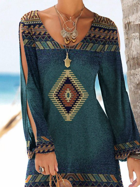 Women's Dresses Vintage Geometric Print Hollow Long Sleeve Dress