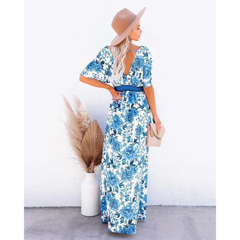 V Neck Floral Side Split Dress
