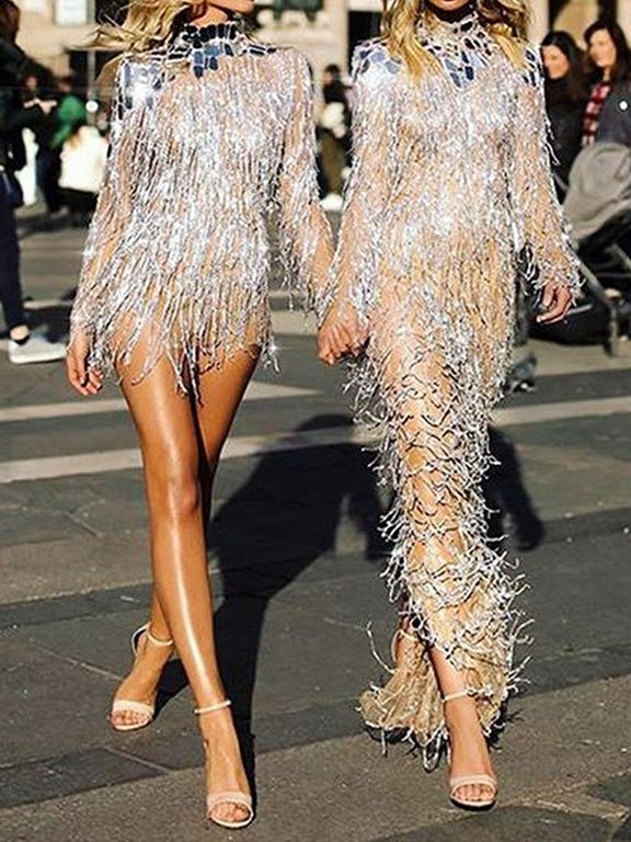Women's Dresses Sequined Sparkly Open Back Fringed Dress
