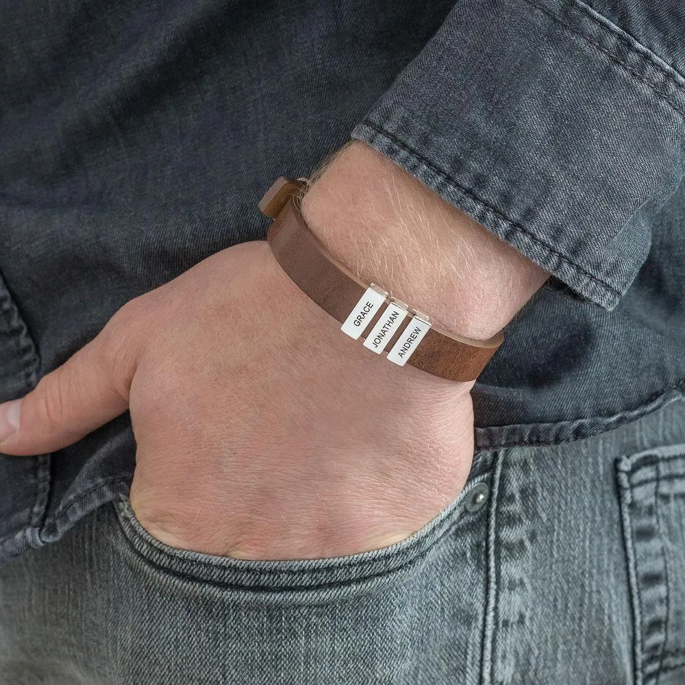 Personalized Leather Bracelet for Men – Custom Silver Beads with Name – Perfect Father's Day Gift