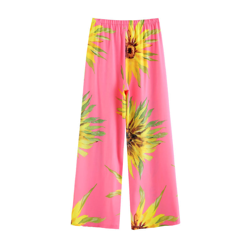 Printed Side Slit Chiffon Beach Cover Up and Elastic Waist Pants