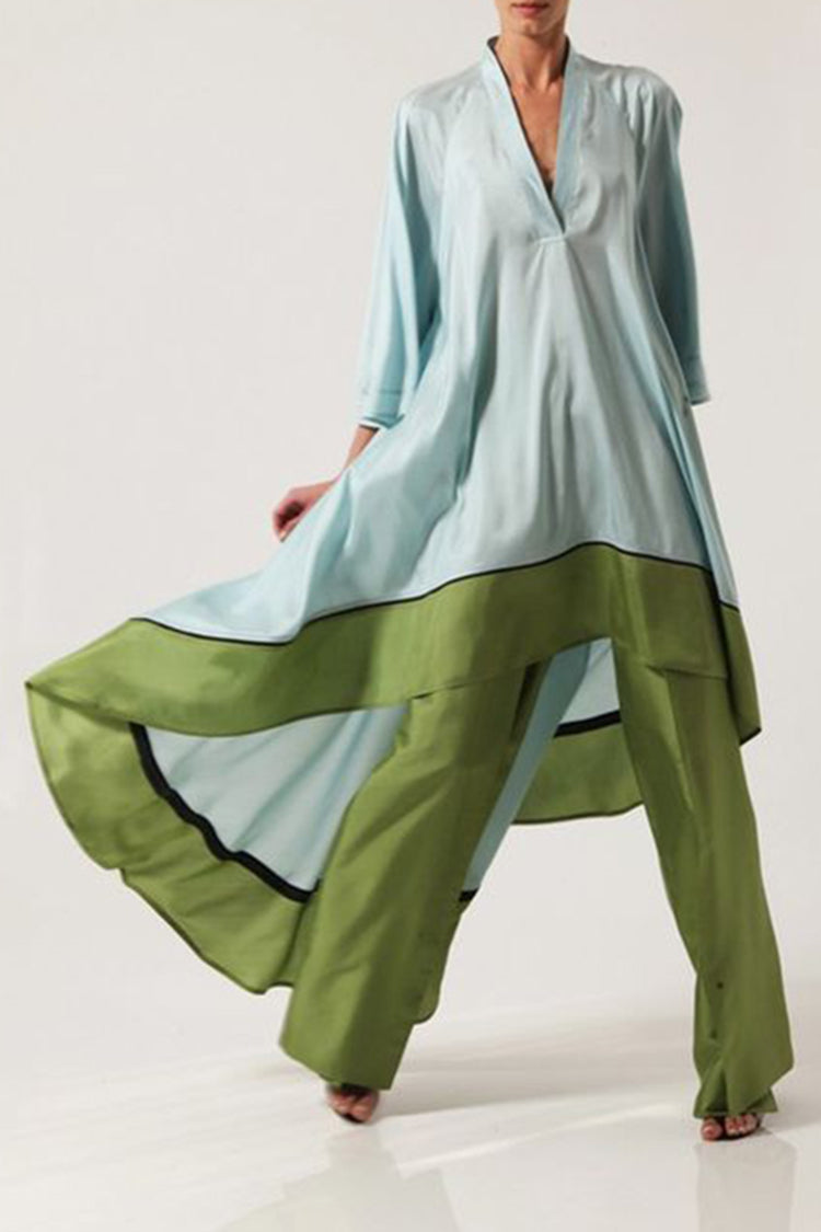 Color Block Paneled V Neck 3/4 Sleeve Two-piece Set