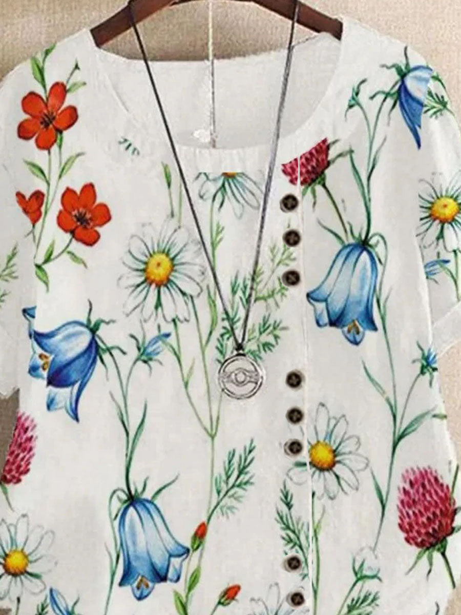 Crew Neck Floral Print Casual Short Sleeve Blouse Set