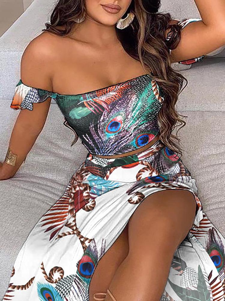 Off Shoulder Peacock Print Top & High Slit Maxi Skirt Sets