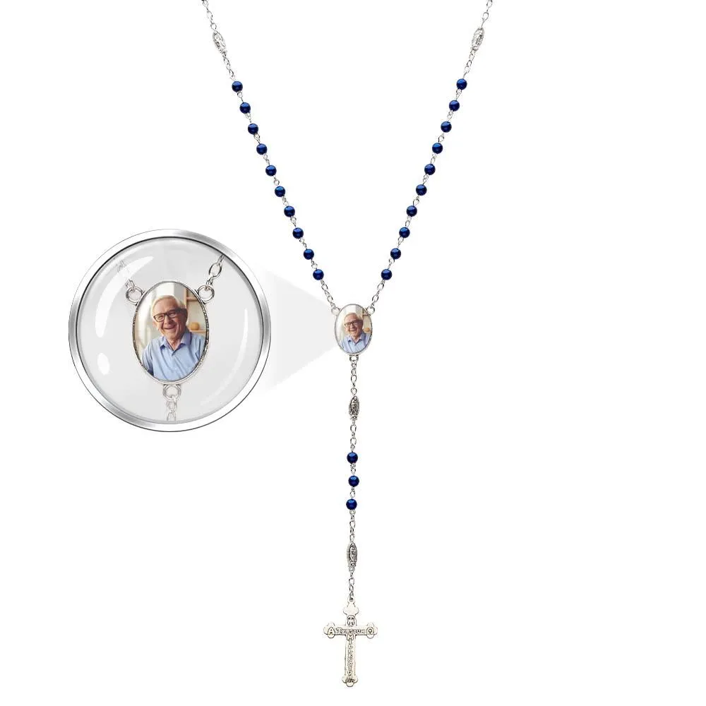 Custom Rosary Beads Cross Necklace – Personalized Blue Imitation Pearls with Photo Pendant