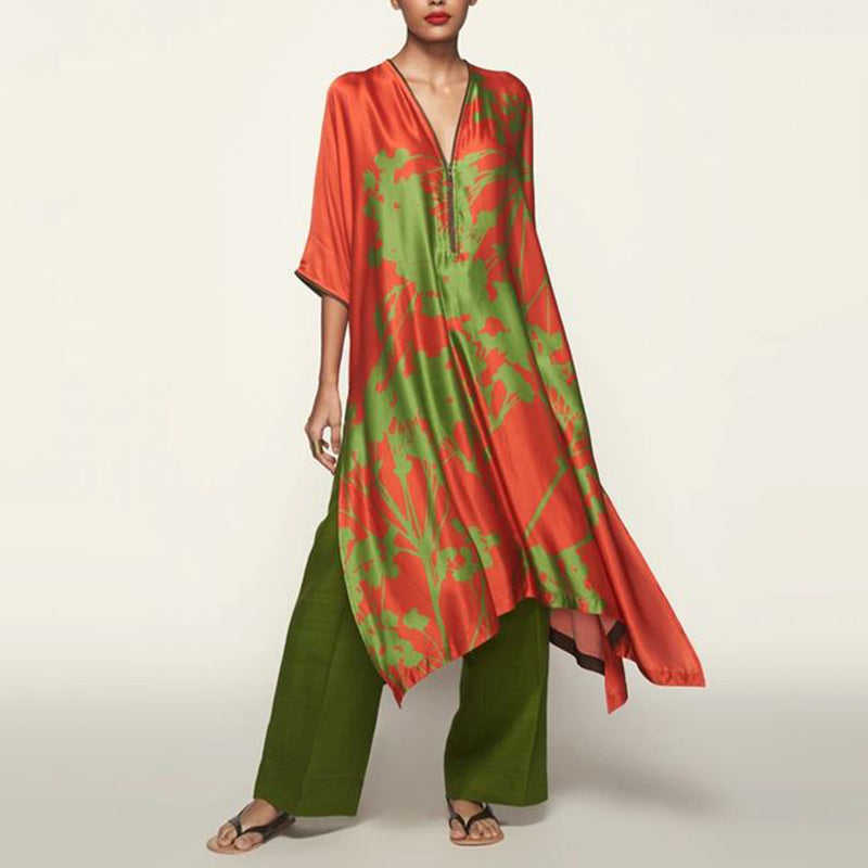 Zipper V Neck Color Block Printed Two-piece Set