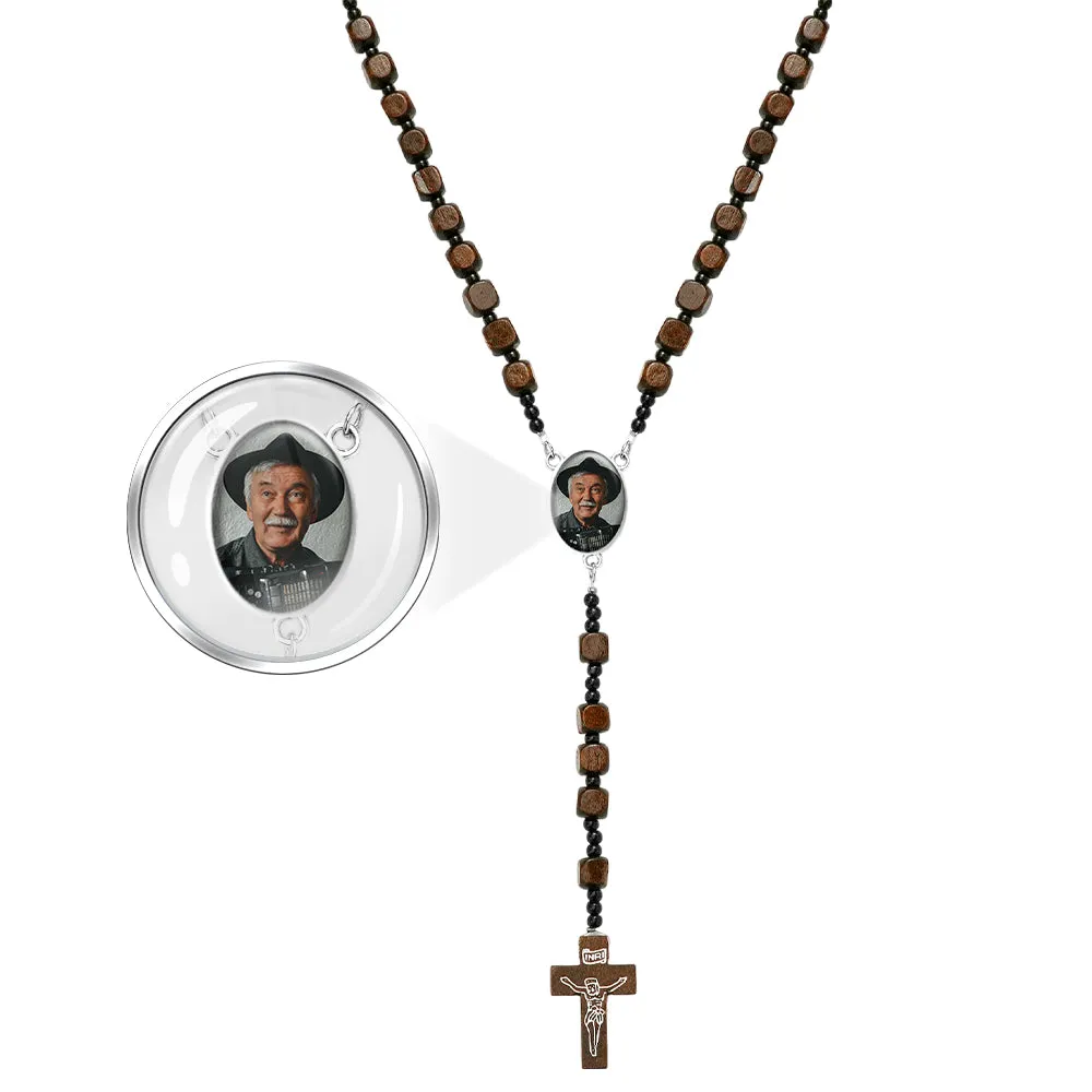 Personalized Rosary Beads Cross Necklace – Custom Square Wooden Beads with Photo Pendant