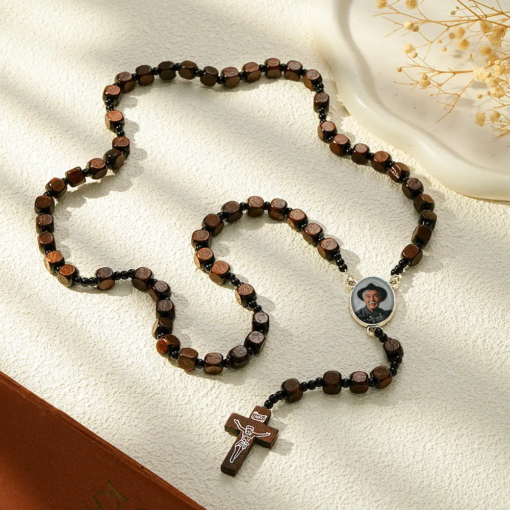 Personalized Rosary Beads Cross Necklace – Custom Square Wooden Beads with Photo Pendant