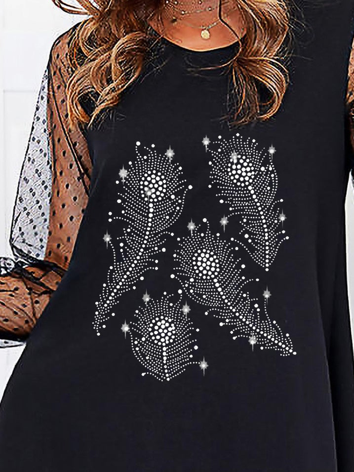 Women's Dresses Hot Rhinestone Feather Mesh Stitching Long Sleeve Dress