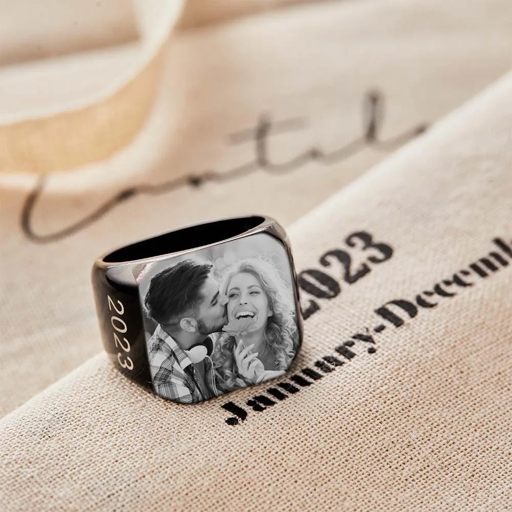 Custom Engraved Personalized Photo Square Ring – Unique Gift for Men