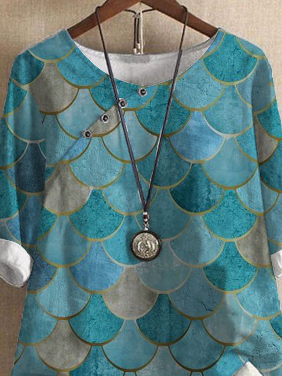 Vintage Geometric Print Casual Short Sleeve Blouse Set