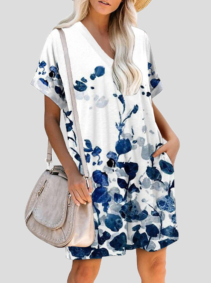 Women's Dresses Printed V-Neck Pocket Short Sleeve Dress