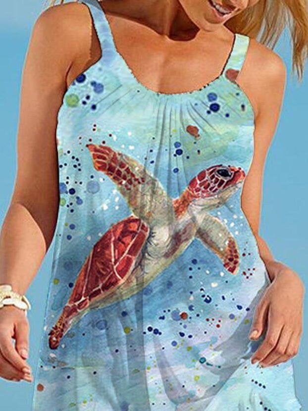 Underwater Animal Turtle Cartoon Print Suspender Casual Dres