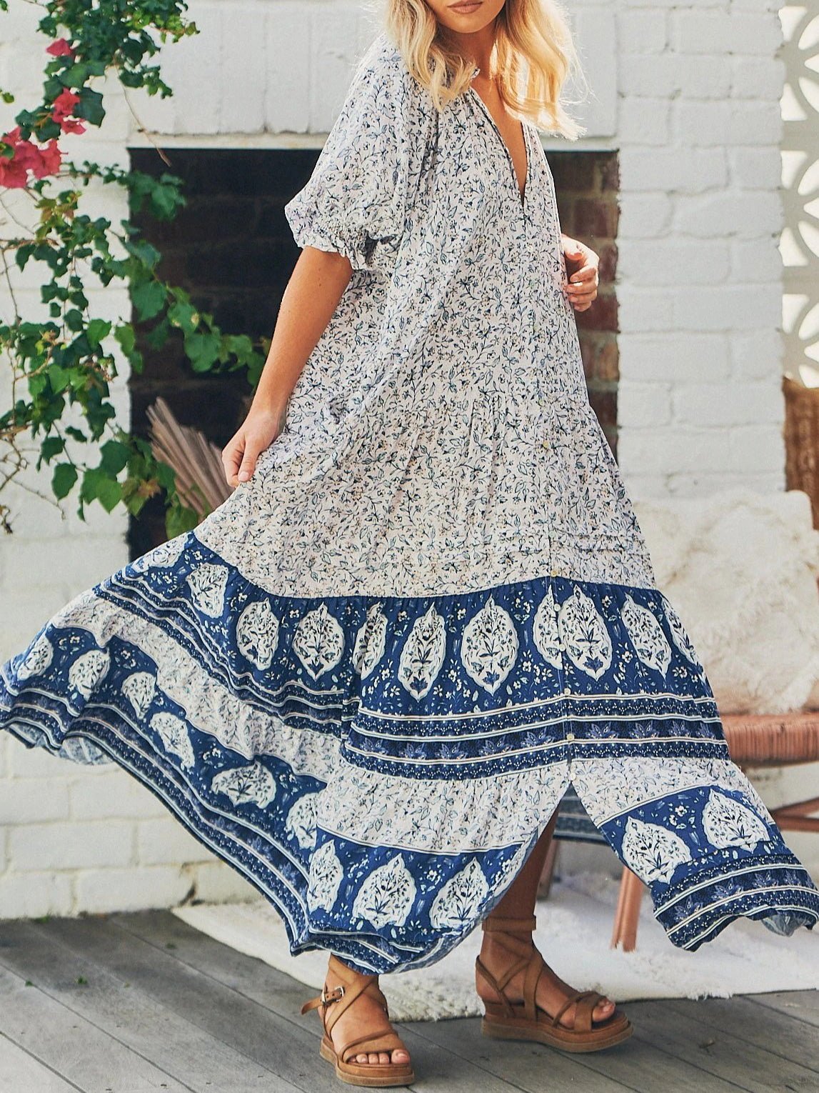 Women's Dresses Loose Vintage Print V-Neck Short Sleeve Maxi Dress