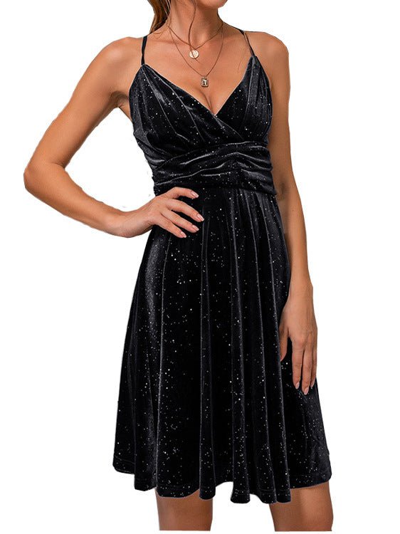 Women's Dresses Glitter V-Neck Strap Gold Velvet Dress