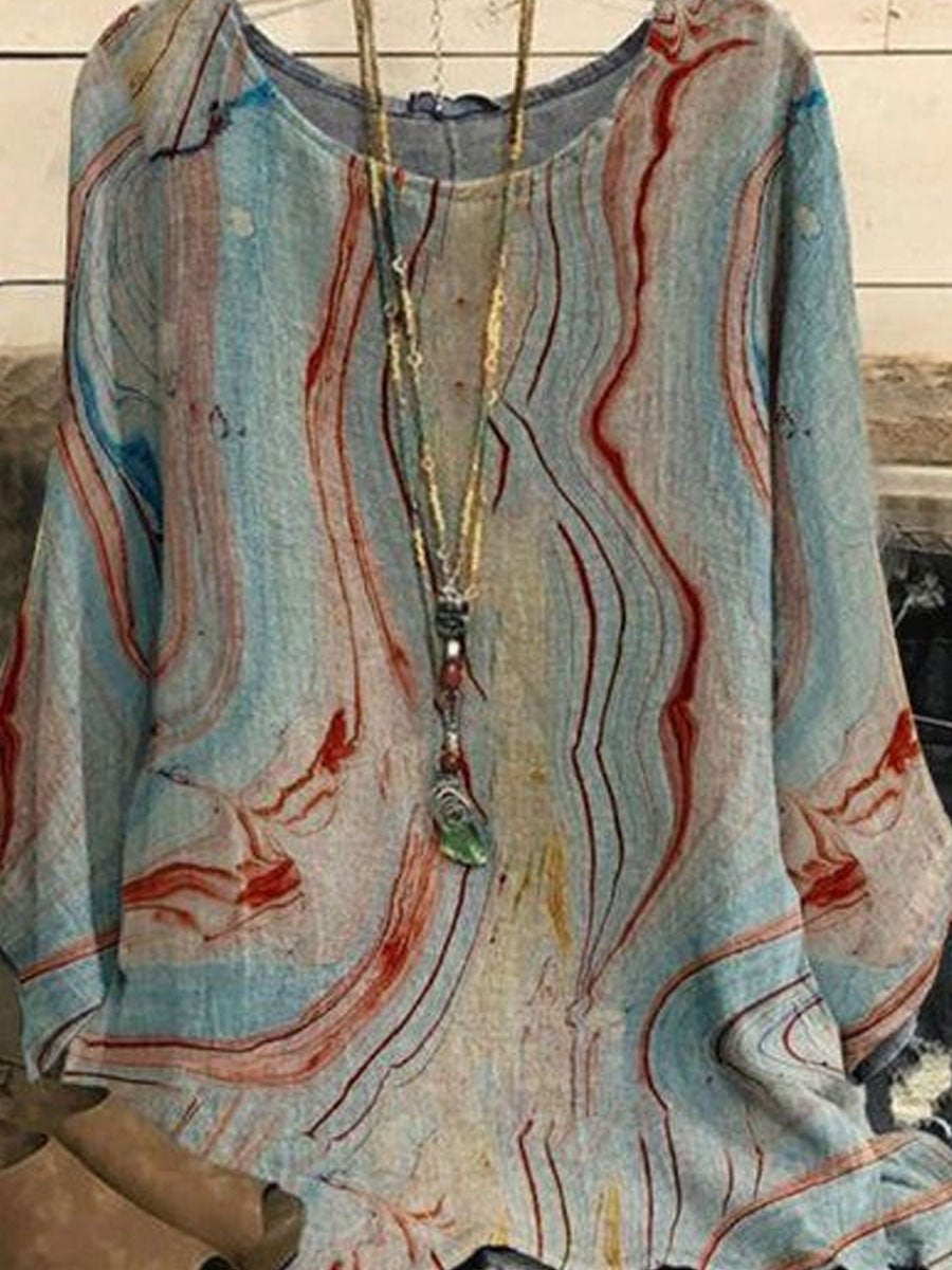 Vintage Line Art Long Sleeve Casual Crew Neck Blouse Set