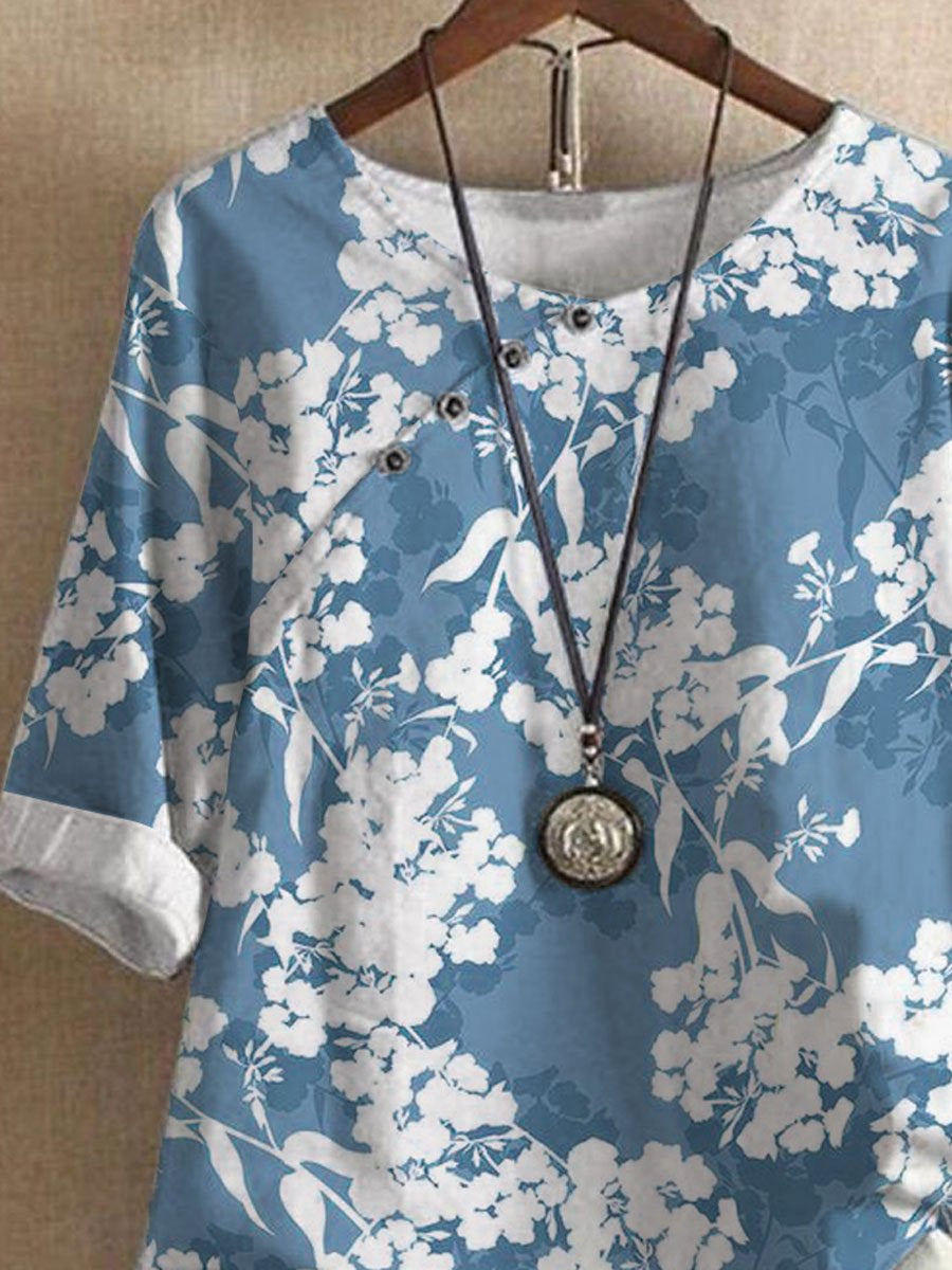 Vintage Blue Floral Print Crew Neck Short Sleeve Blouse Set