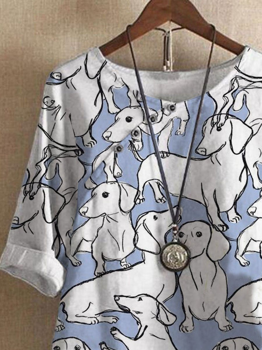 Summer Cute Dachshund Print Casual Short Sleeve Blouse Set