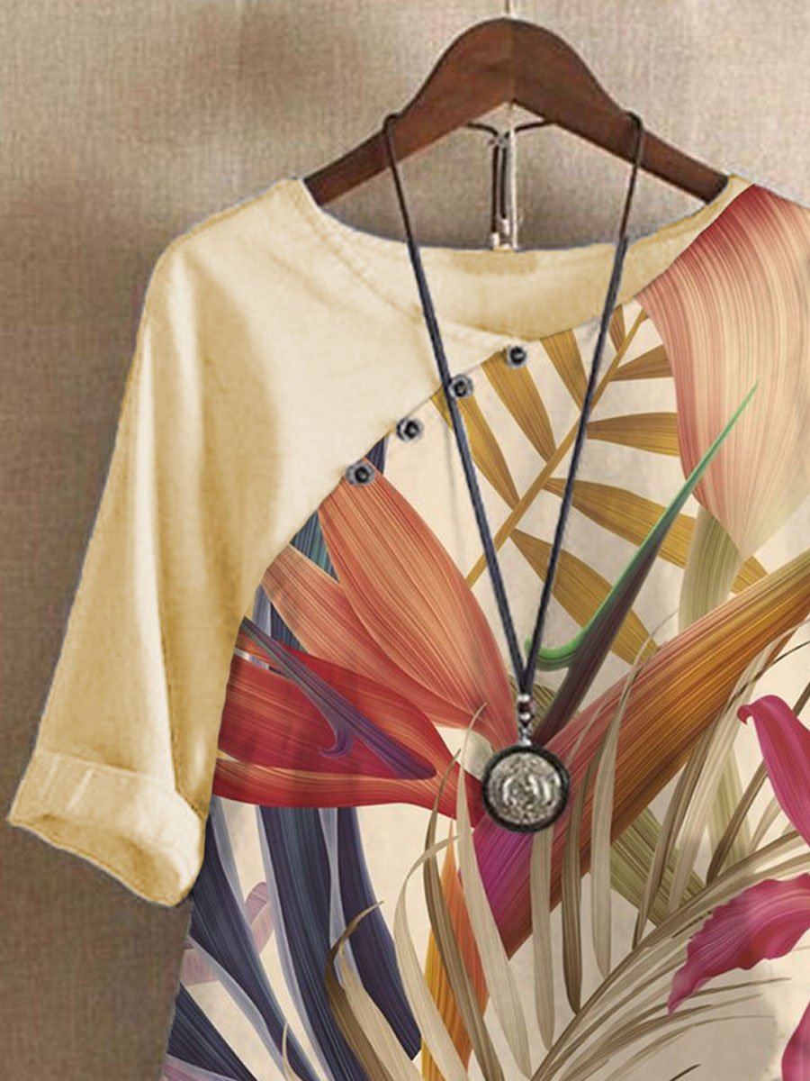 Crew Neck Botanical Print Loose Short Sleeve Blouse Set