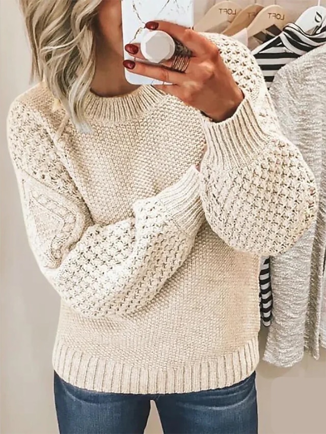 Patchwork Textured Knit Oversized Crew Neck Sweater Jumper for Fall Winter Daily Casual Stylish Soft Long Sleeve