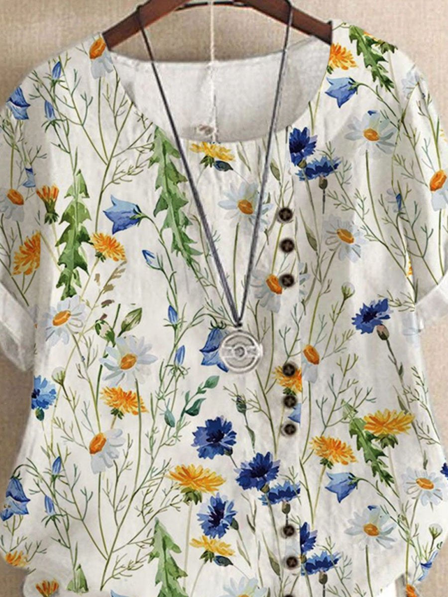 Pretty Botanical Print Loose Short Sleeve Blouse Set