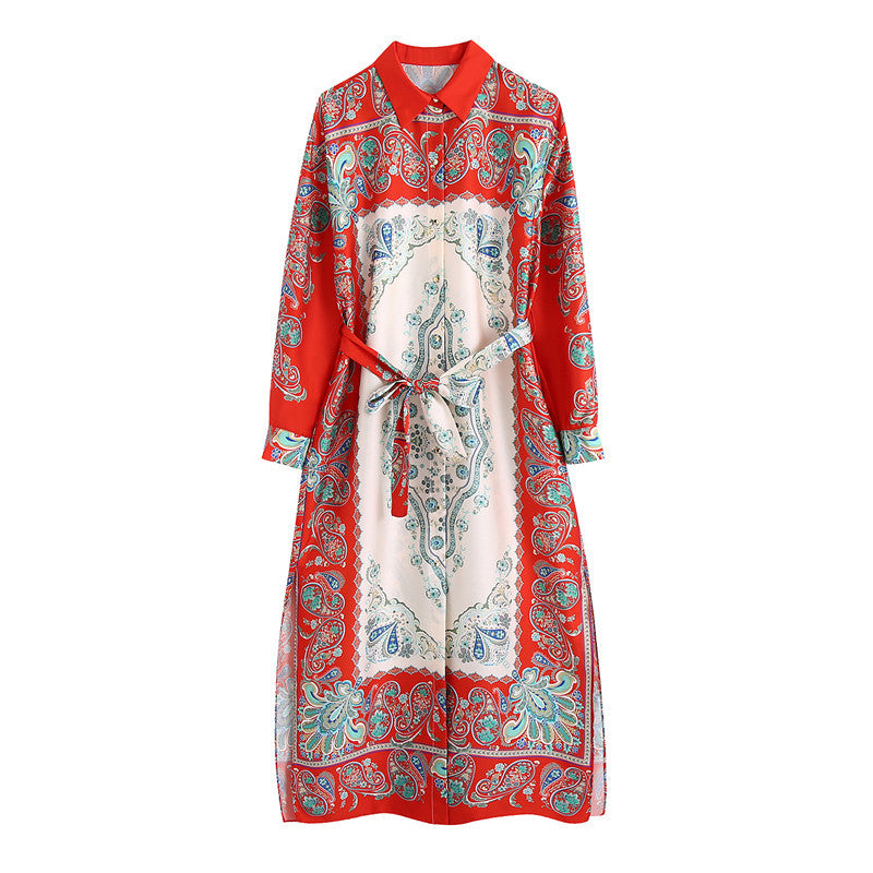 Shirt Style Long Sleeve Belt Printed Dress