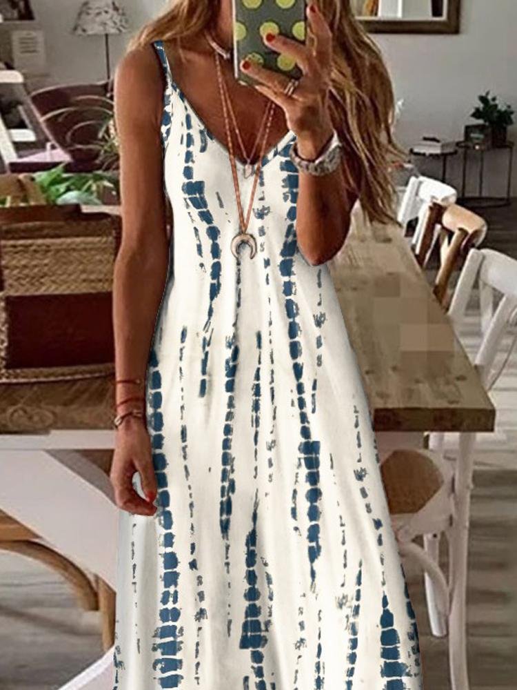 Fashion Sling Printed V Neck Sleeveless A-line Maxi Dress