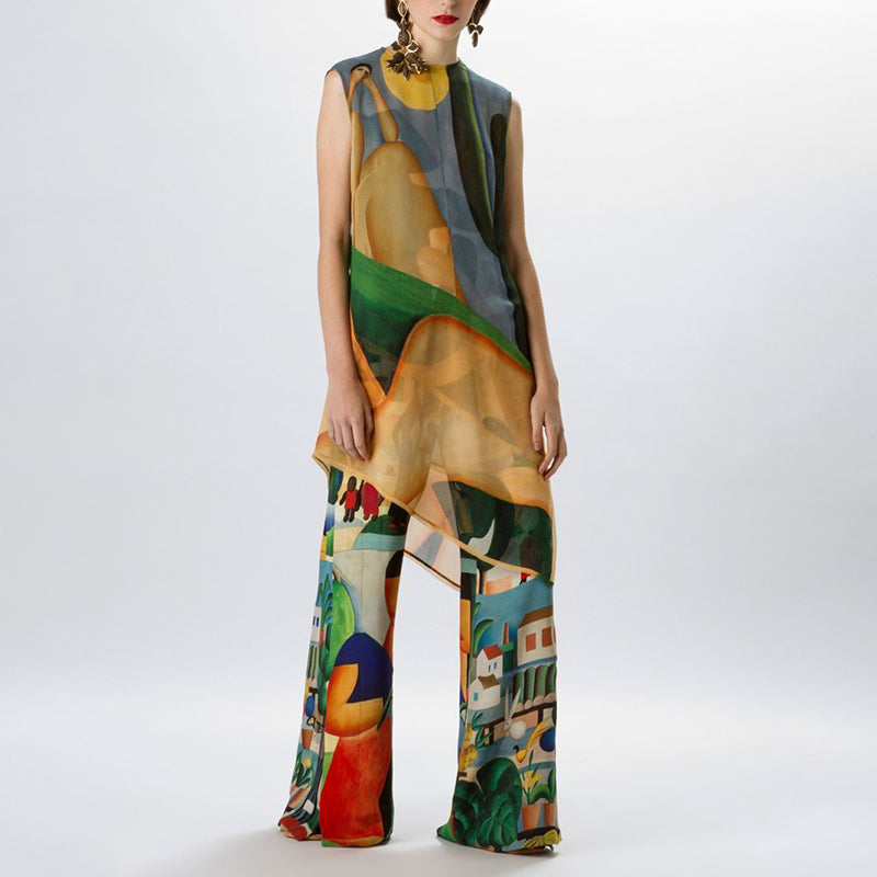 Sleeveless Asymmetric Tunic Print Pants Two-piece Set