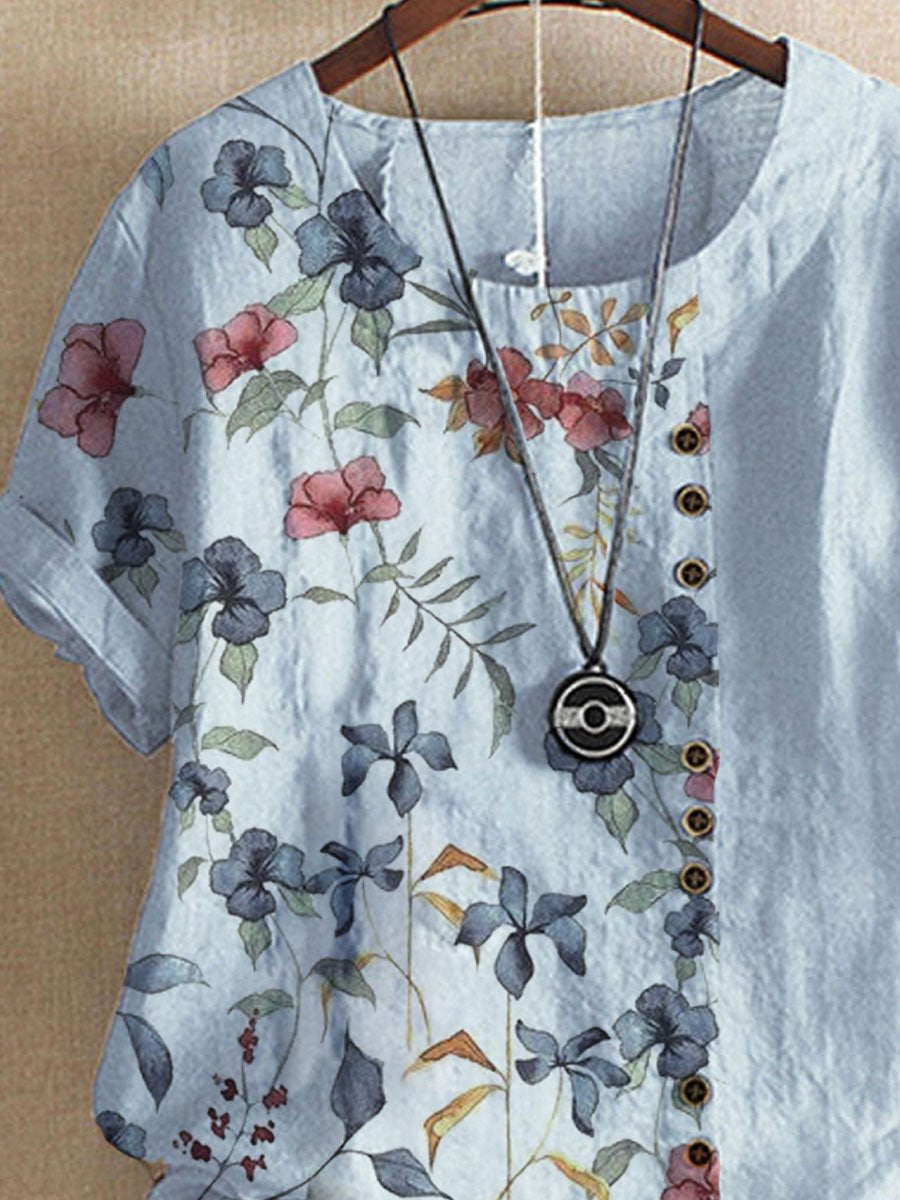 Floral Print Crew Neck Loose Short Sleeve Blouse Set