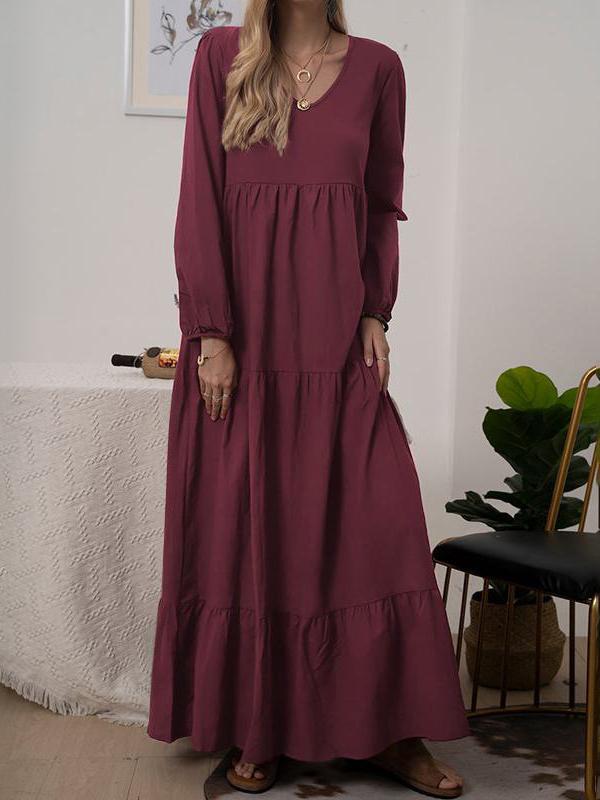Women's Dresses Solid V-Neck Long Sleeve Maxi Dress