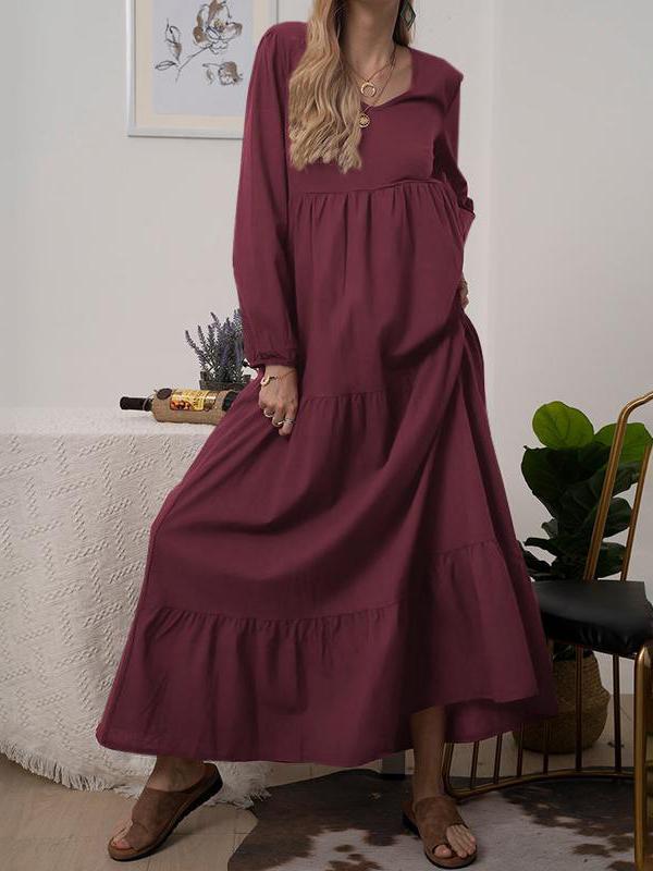 Women's Dresses Solid V-Neck Long Sleeve Maxi Dress