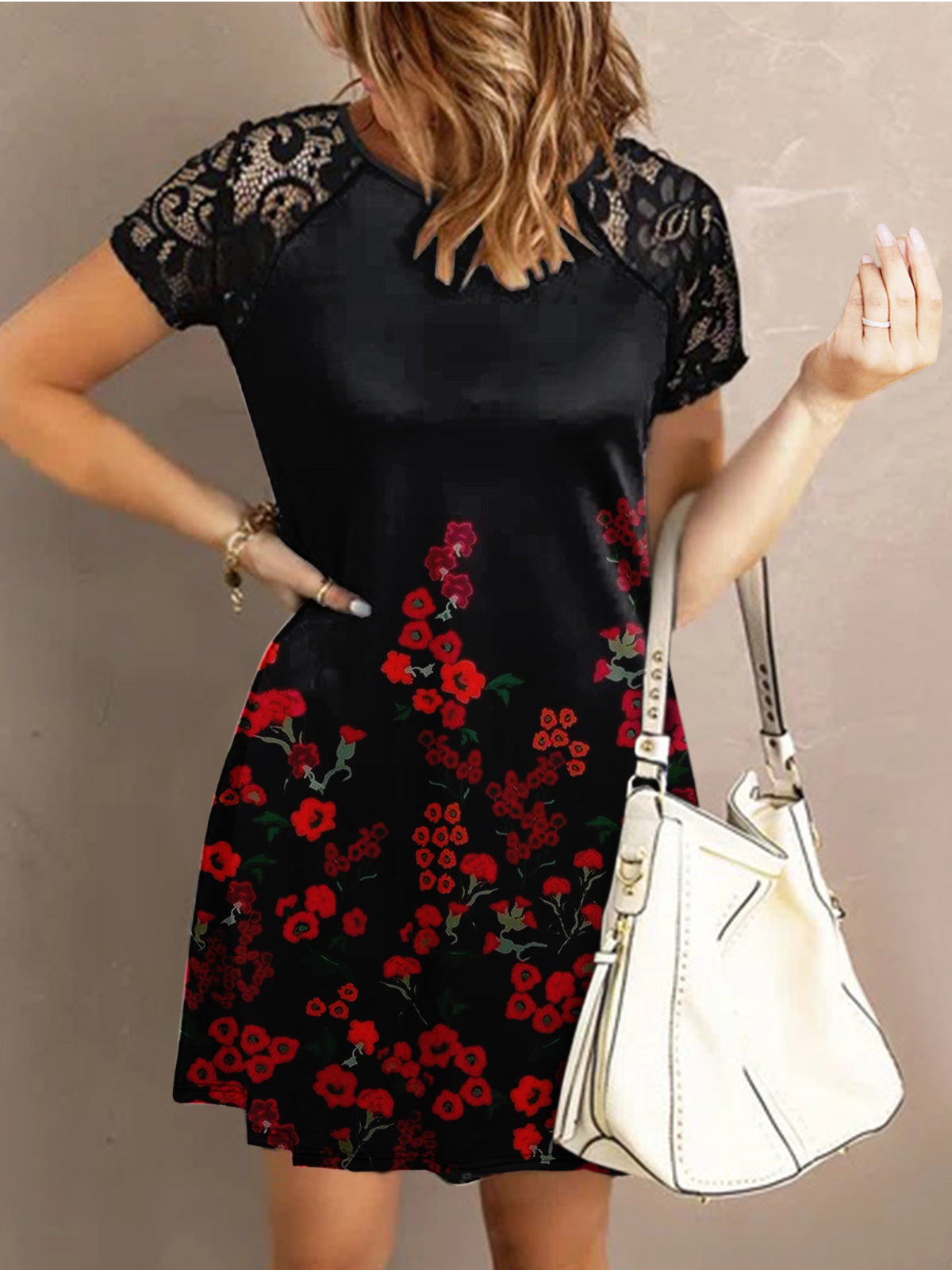 Women's Dresses Crew Neck Lace Panel Short Sleeve Dress