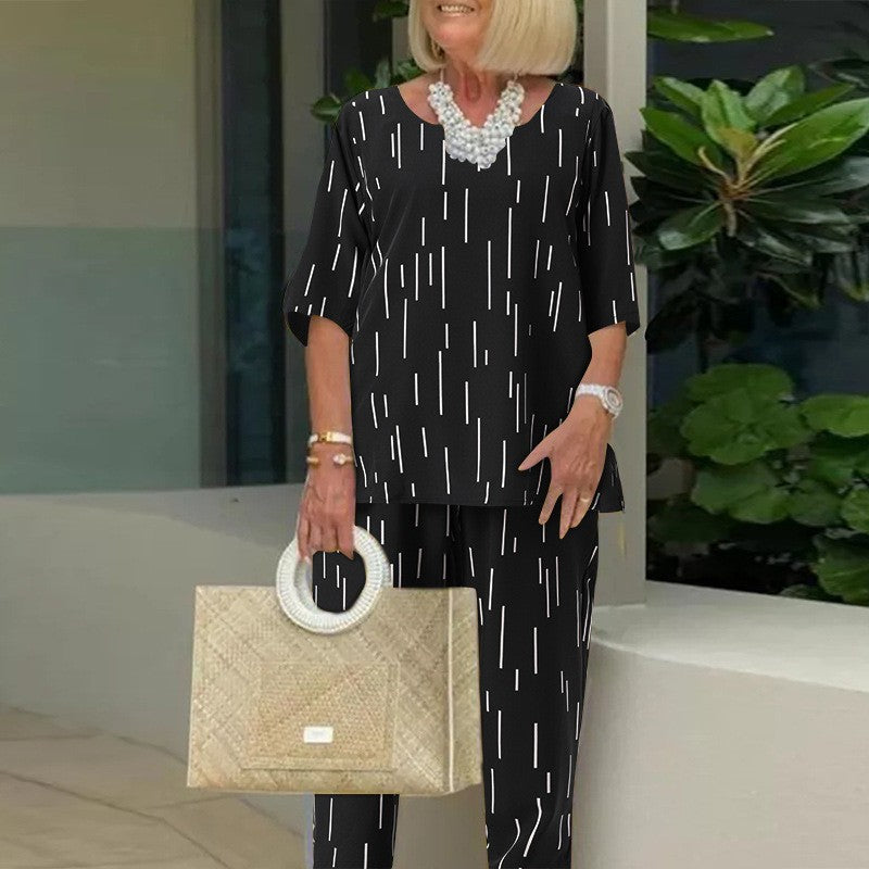 Casual Crew Neck Printed T-shirt & Pants Two-piece Set