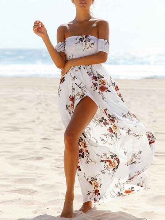 Fashion Floral Printed Off Shoulder Short Sleeve Maxi Dress