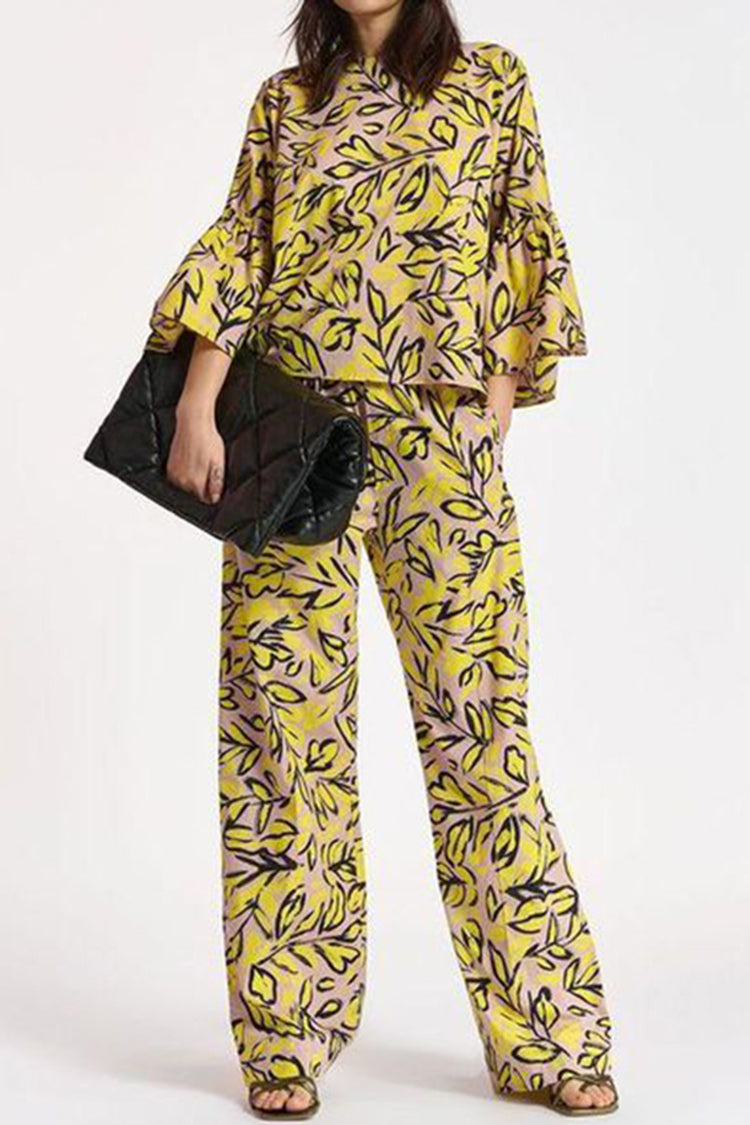 Leaf Printed Bell Sleeve Blouse & Pants Two-piece Set