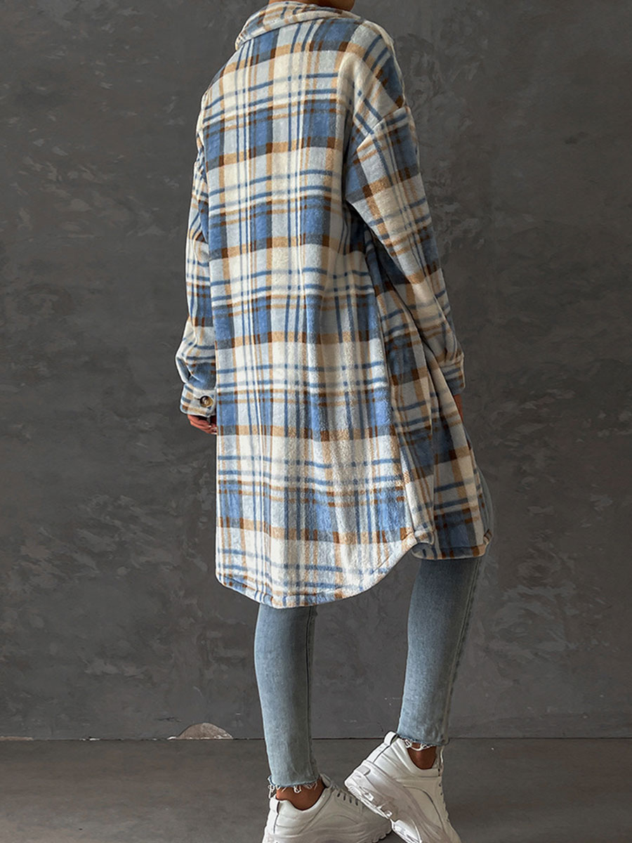 Plaid Long Sleeve Mid Length Casual Lapel Jacket