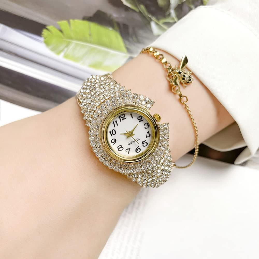 Elegant Crystal Bangle Analog Quartz Watch with Round Dial