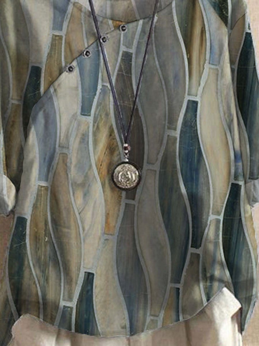 Vintage Geometric Print Loose Short Sleeve Casual Blouse Set